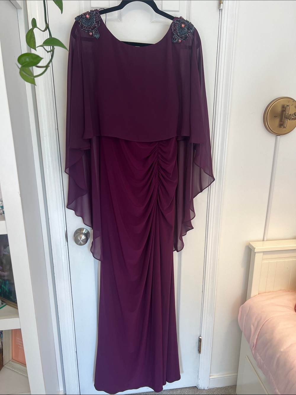 Adrianna Papell Plum Ruched Maxi Dress with Beaded Shoulder Cape